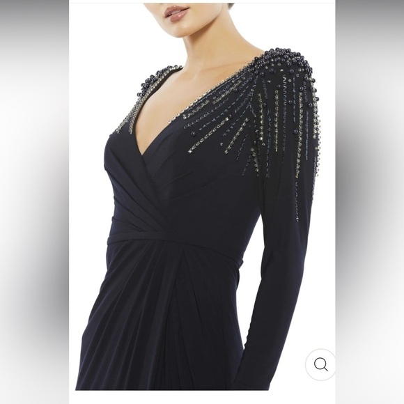 NWOT Mac Duggal Midnight Blue Long Sleeve Embellished Shoulder Dress 4 - Picture 3 of 6
